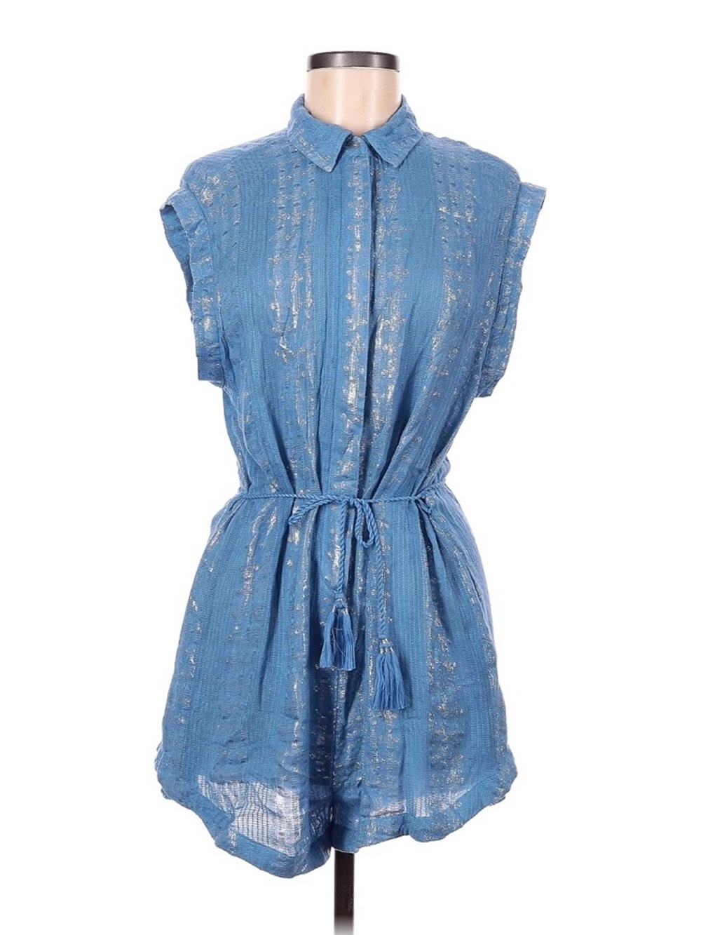 Sleeveless Metallic-Striped Blue Tunic Jumpsuit - Brand: